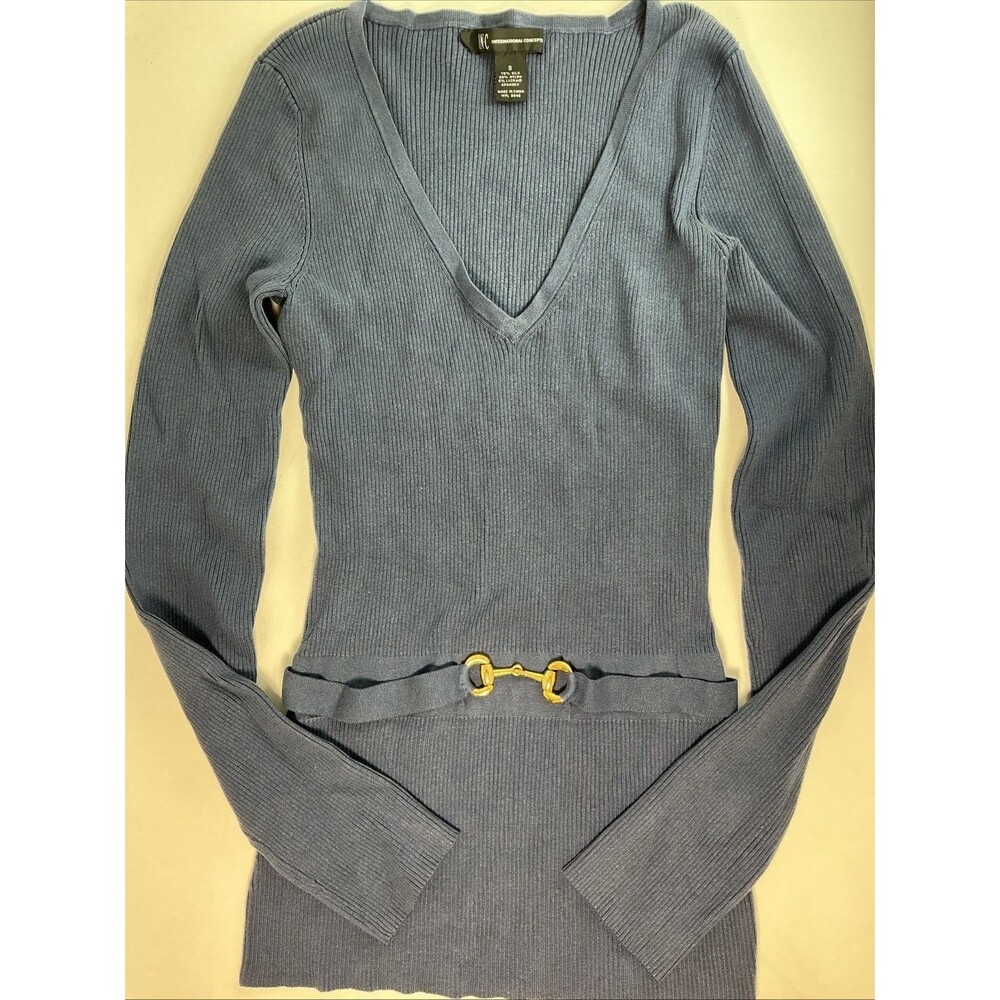 Womens INC International Concepts Blue Sweater-Size Small-W/Faux Belt-Silk Blend